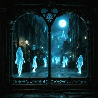 The primary subject of the image is a group of ghostly figures walking down a street at night. The setting is a city street with buildings in the background. The visual style is a combination of photo and digital art, creating a surreal and eerie atmosphere. The dominant colors are blue and white, with the ghostly figures appearing as silhouettes against the dark background.